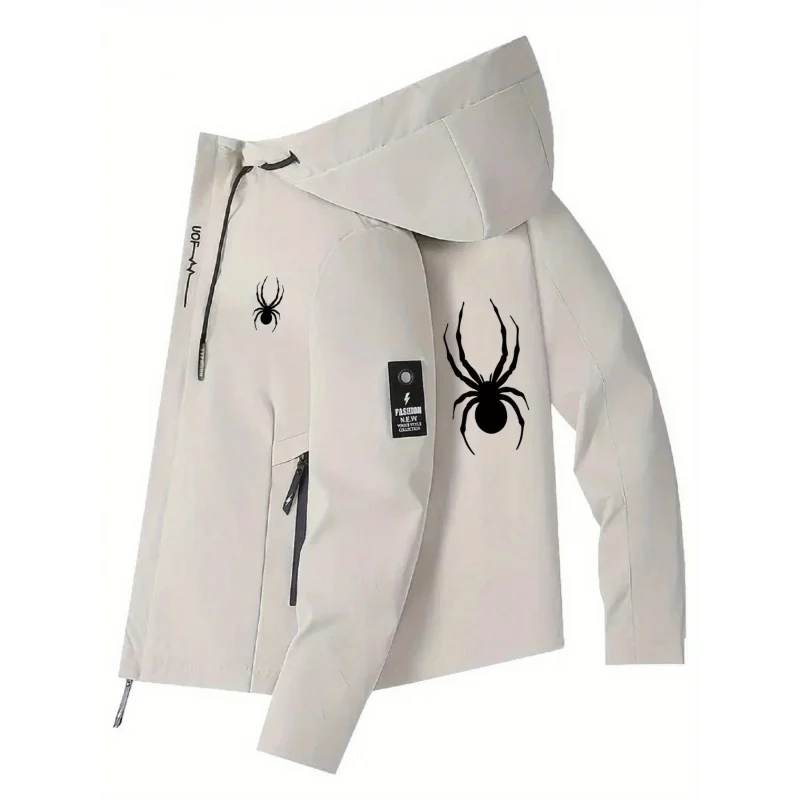 Men's Fashion, Spider-Pattern Printed Hooded Jacket, lightweight Windproof Coat, Slim Fit, Long Sleeves, No Belt.