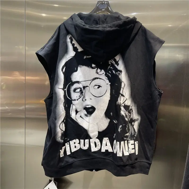 Alphabetic Cartoon Printing Large Size Hooded Zipper Cardigan Hoodie Waistcoat Women 2024 New Fashion Loose Casual Vest Female