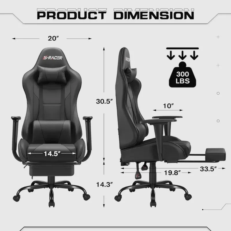 Gaming Chairs, Computer Chair with Footrest and Massage Lumbar Support, Height Adjustable Game Chair with Headrest and Swivel