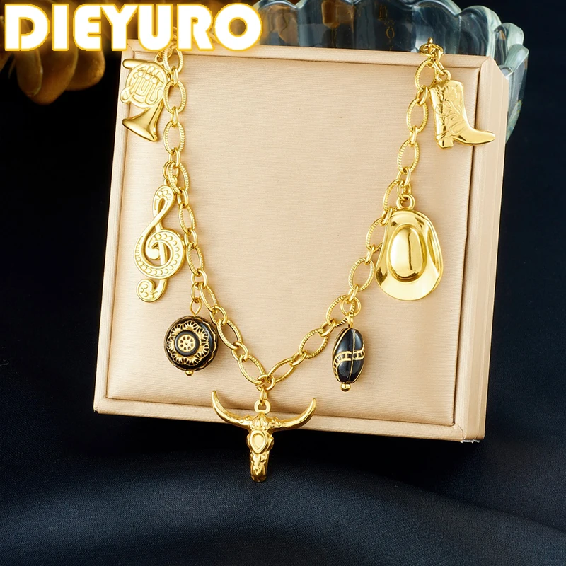 DIEYURO 316L الفولاذ المقاوم للصدأ الذهبي الثور رئيس الأحذية قبعة الموسيقية ملاحظة القرن قلادة قلادة سيدة جديدة مقاوم للماء سلسلة عنق مجوهرات #1