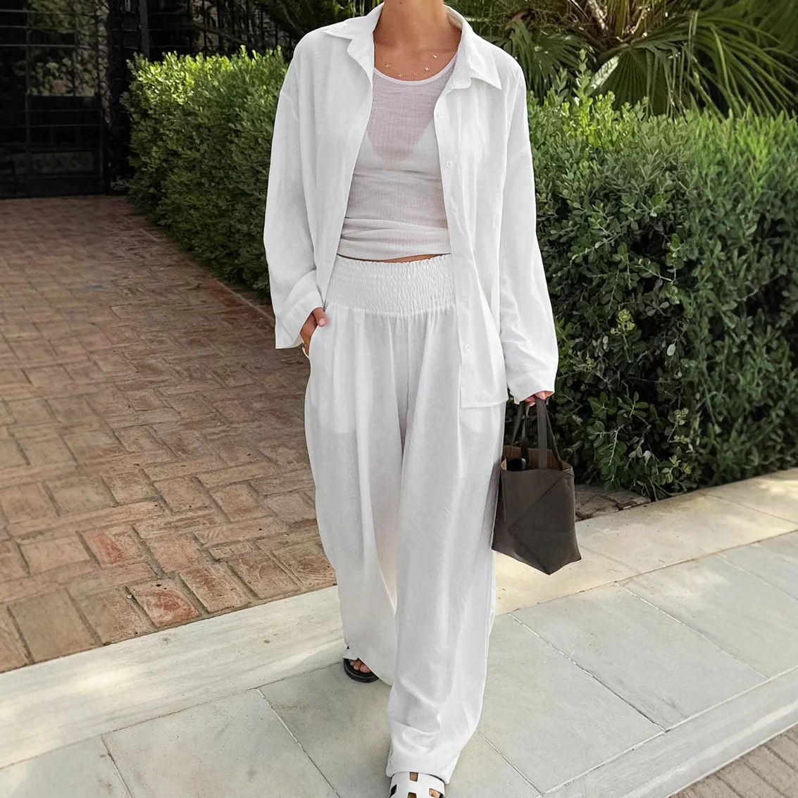 

Осенняя женская рубашка из чистого хлопка с отложным воротником, однобортная рубашка для женщин, женские брюки с эластичной резинкой на талии