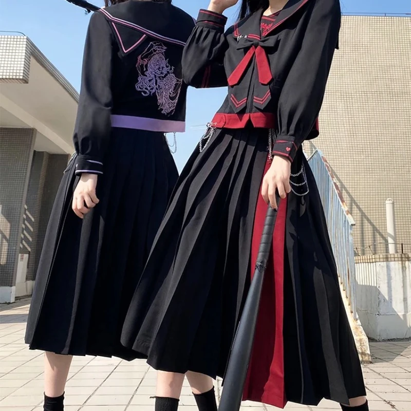 

Японский комплект униформы Jk в консервативном стиле, темный кардиган с длинным рукавом и темно-синим воротником, топ для школьников, плиссированная юбка средней длины, женский костюм