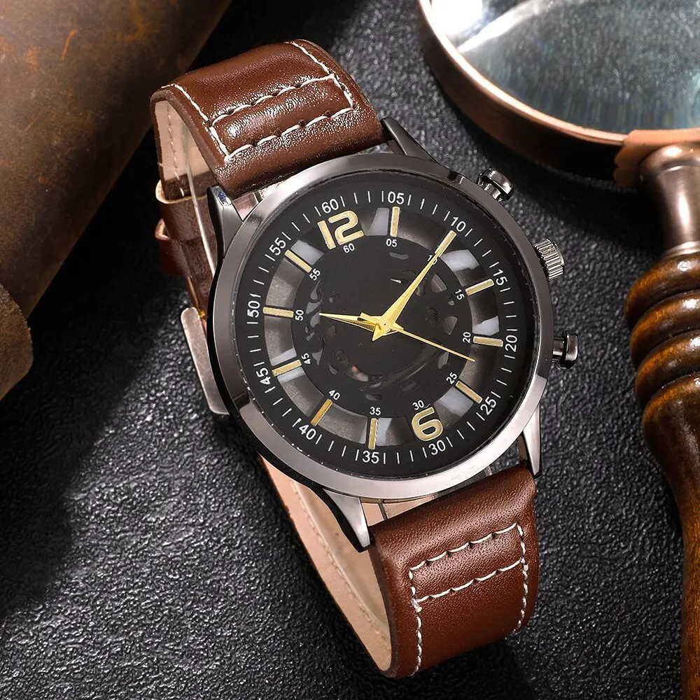 Hollow Out Men Watch Luxury Bracelet Set Fashion Business Brown Leather Quartz Wrist Watches for Men Gift Set Relogio Masculin