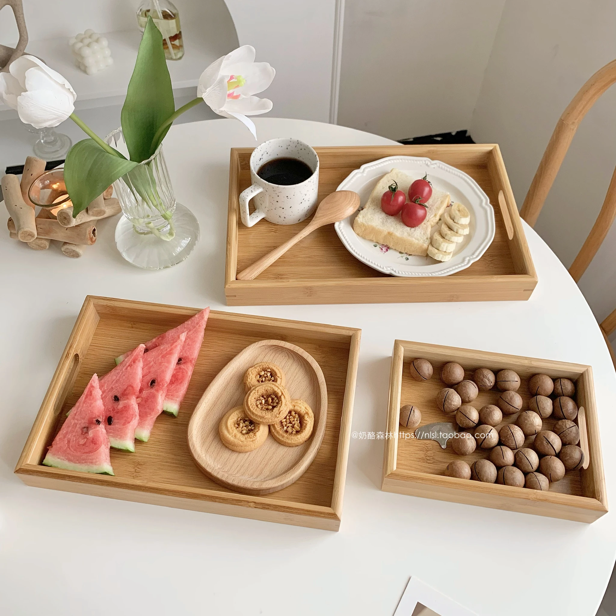 

ins Wind bamboo wood tray rectangular home dining plate Solid wood tea set water cup Japanese style tray photo props