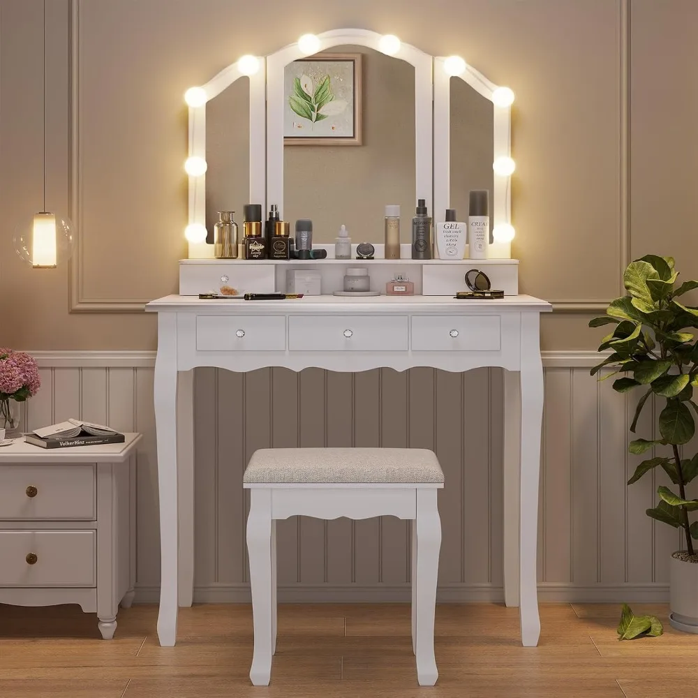 

Dressing table with light, illuminated mirror and stool, dressing table set with 5 drawers, 3 lights, adjustable brightness
