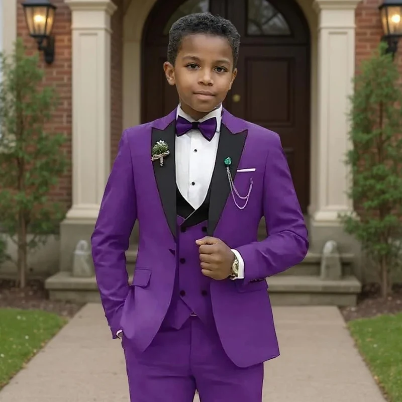 Stylish Purple Boys 3 Piece Suit Set Black Lapel Formal Gentleman Outfit Jacket Vest Pants With Bow Tie Brooch for Wedding Party