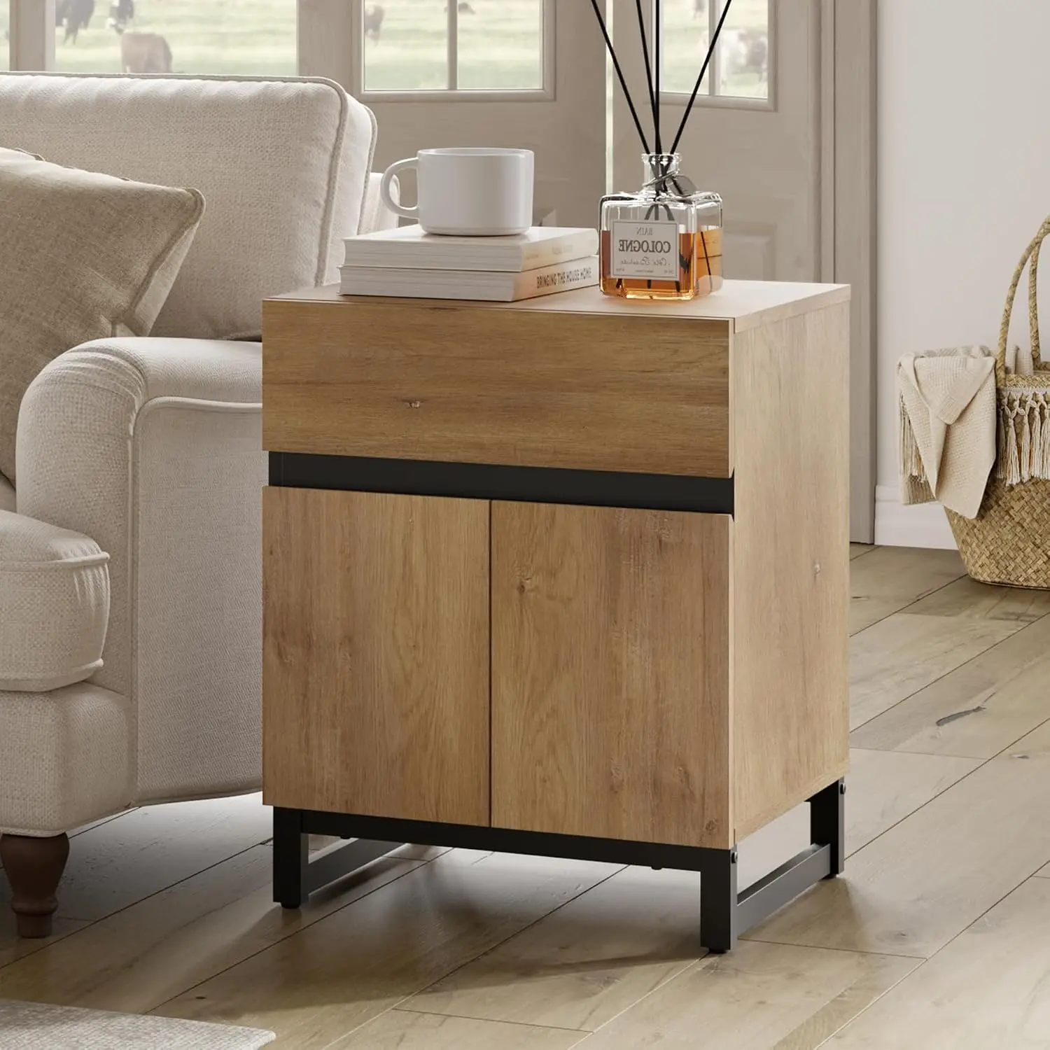 Modern End Table with 1 Drawer & 1 Storage Cabinet, Farmhouse Side Table with 2 Open Door, Wood Rustic Nightstand for Living