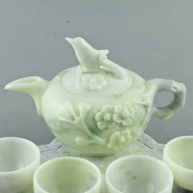 Chinese Handmade Carved Lantian Jade Tea Set Gift Crafts Home Furnishings Desktop Ornaments