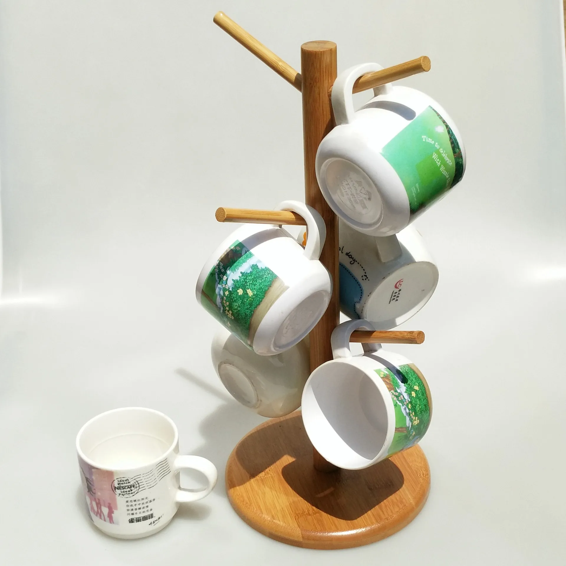 Bamboo Mug Hanger Rack Tree Shape Coffee Tea Cup Storage Holder Removable Bamboo Mug Stand Organizer Drinkware Shelf with 6 Hook