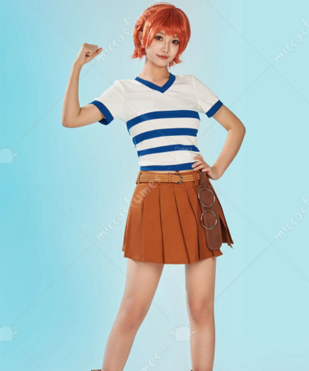 HAIKYUU Women's Nami Cosplay Costume Striped V Neck Short Sleeve Top and Skirt with Belt