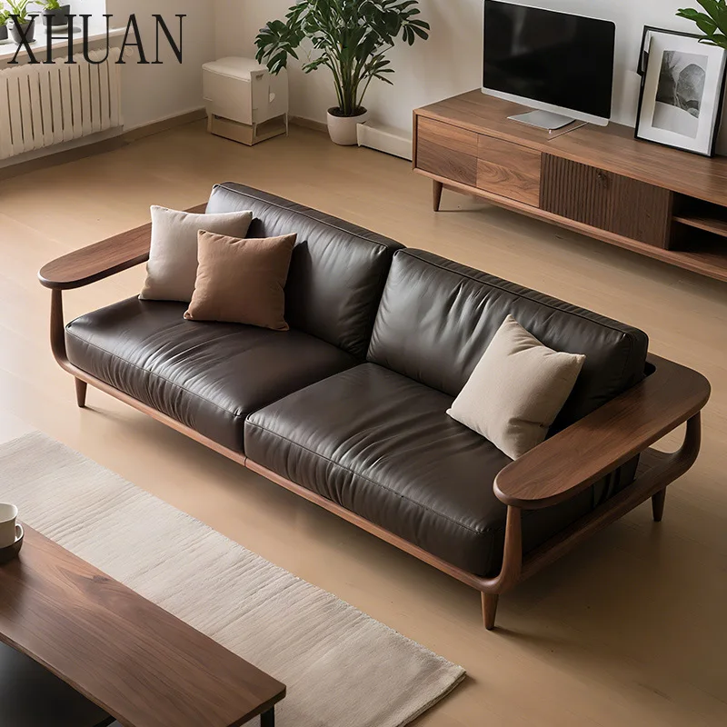 Italian minimalist walnut solid wood sofa three-person sofa