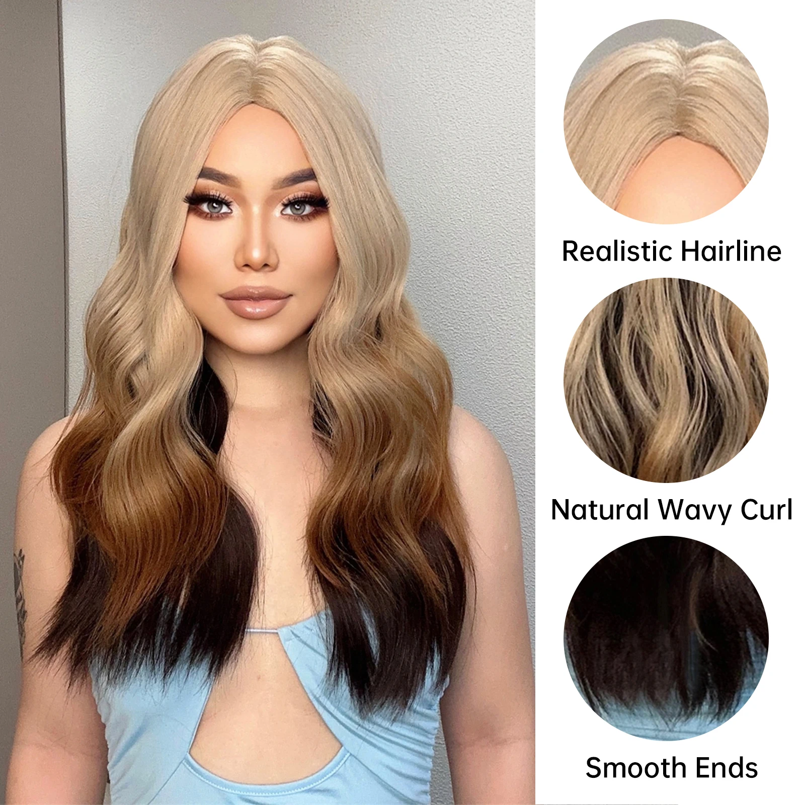 LOUIS FERRE Long Ombre Blonde Synthetic Wig for Women Brown Highlight Wavy Natural Looking Wig Daily Cosplay Heat Resistant Hair