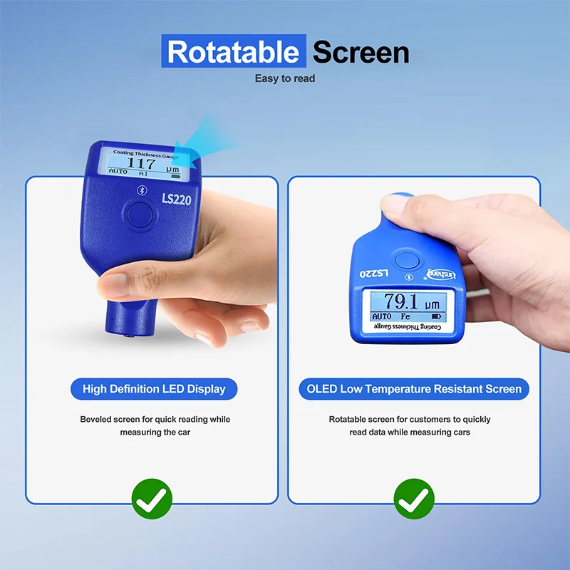 LS220 Paint Coating Thickness Tester 0-3500μm 0.1μm Fe NFe Probe Gauge for Auto Car Paint Film Thickness Gauge -20℃ LCD Screen