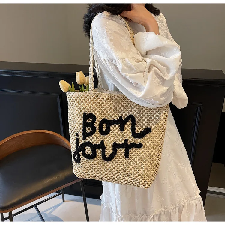 

‌2025 Beach Bag Large Capacity - Knitted Seaside Shoulder Bag for Women, Travel & Commuter Tote with Letter Design‌