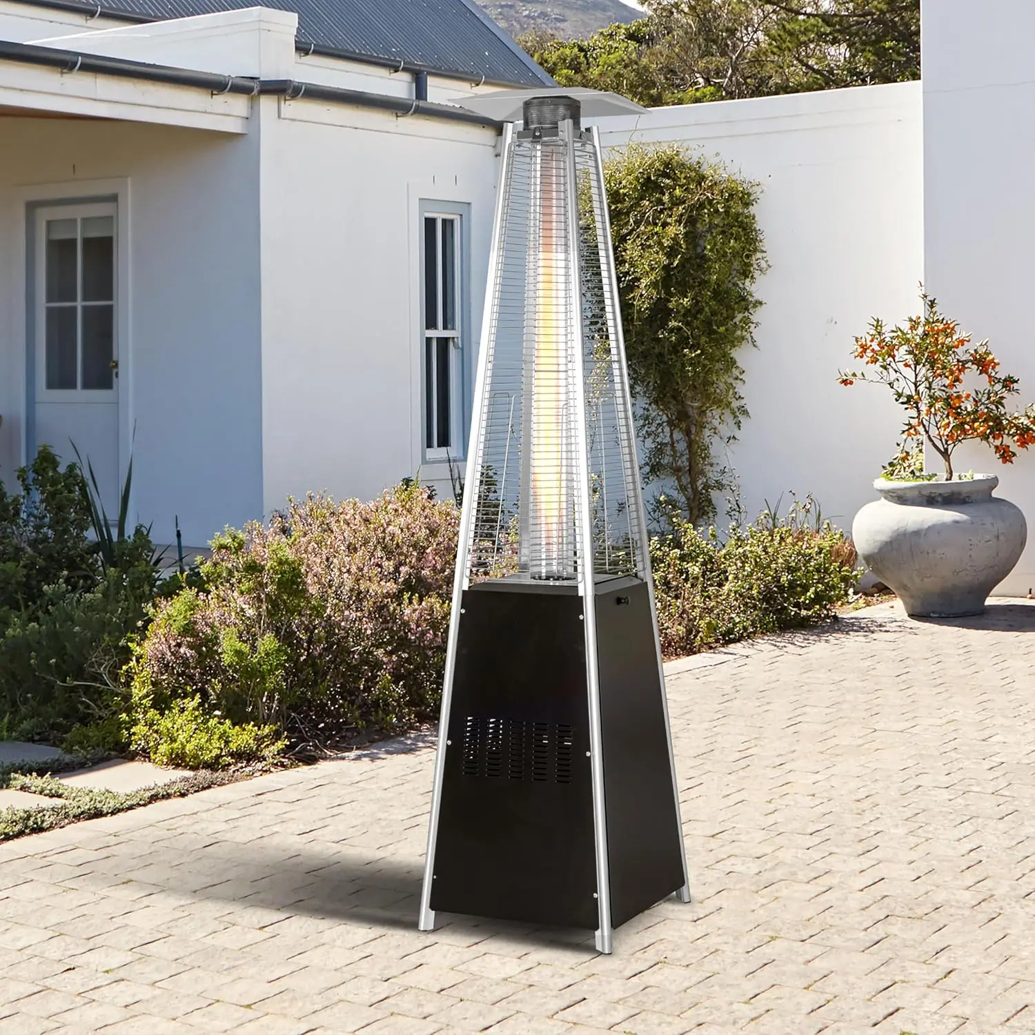 

Nuu Garden Outdoor Propane Patio Heater 48,000 BTU Pyramid with Wheels Hammered Bronze Tower Propane Quartz Glass Tube Garden