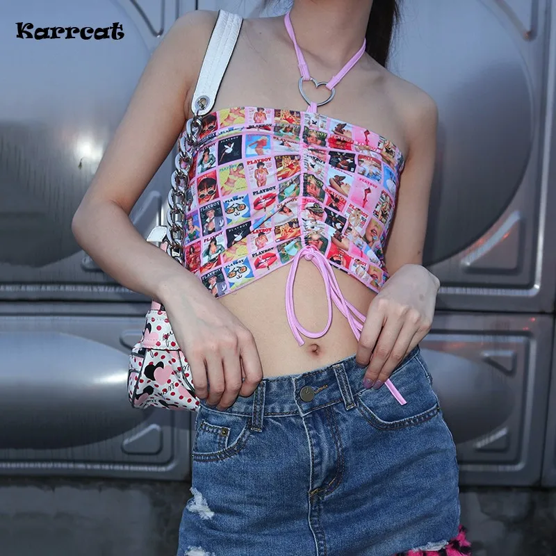 Karrcat Y2k estetyka Halter topy Harajuku różowa koszulka 00s Mall Goth krótkie bluzki e-dziewczyny Kawaii Tank bandażowa góra Cami słodka