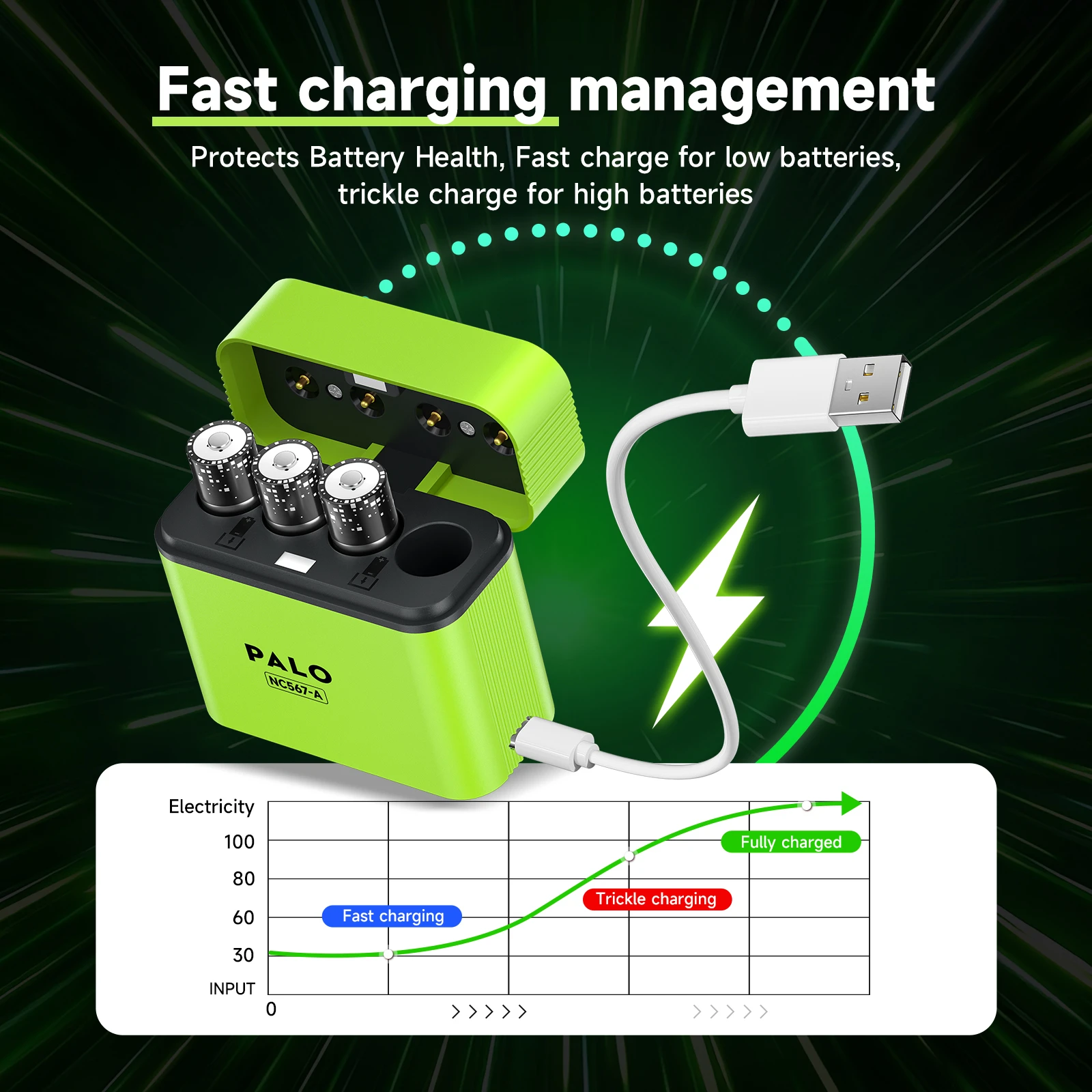 PALO Li-ion AA Rechargeable Batteries 1.5V 3400mWh Battery with 4-slots LED USB Fast Charging Charger for 1.5V 2A + Type-C Cable