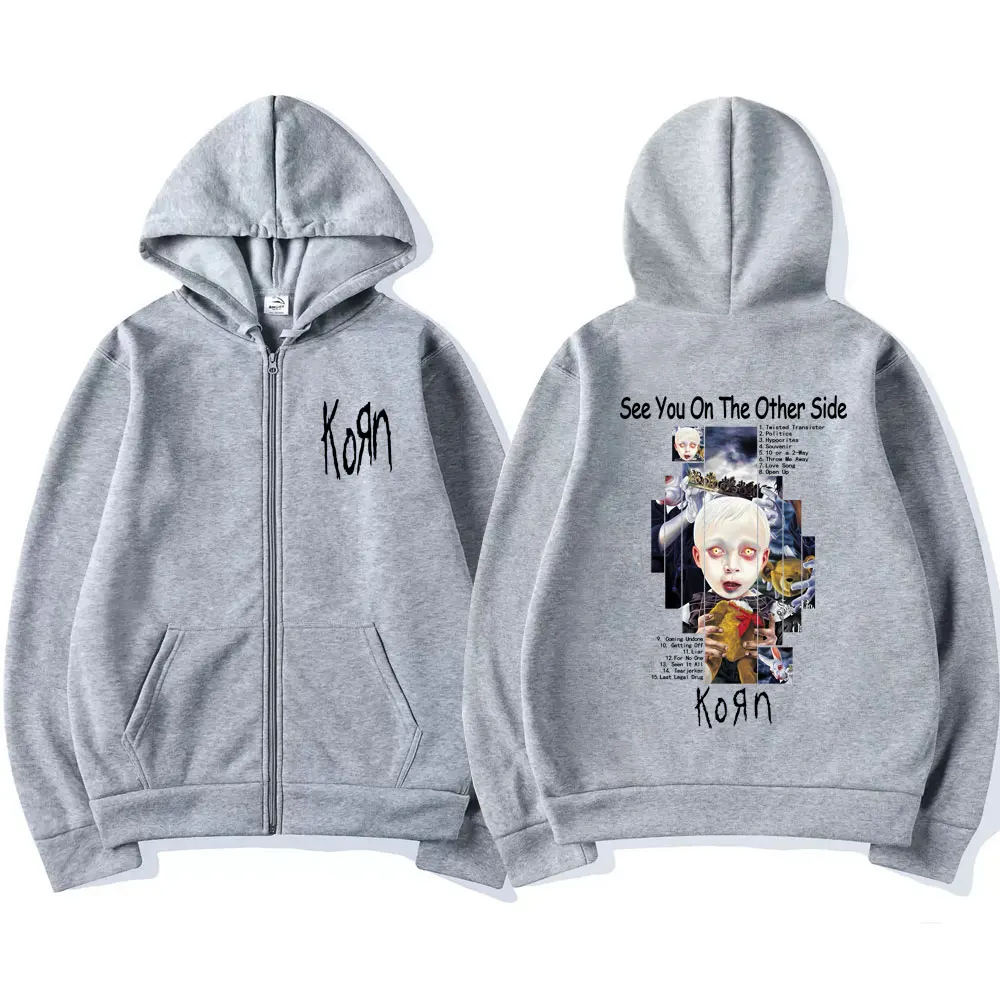 سترة روك باند كورن أراك على الجانب الآخر بغطاء للرأس بسحاب للرجال والنساء، سترة كلاسيكية كبيرة الحجم بسحاب للجنسين