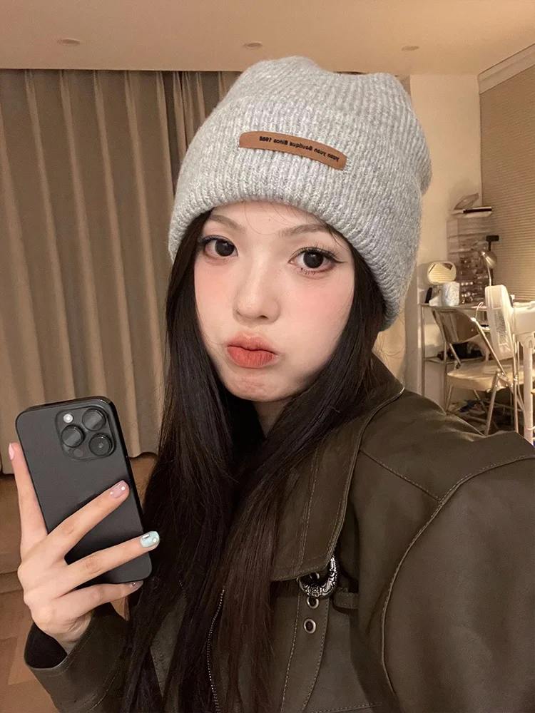 Thickened Warm Knitted Woolen Hat for Women Autumn Winter Fashion Small Face Effect Big Head Circumference No Brim Cap