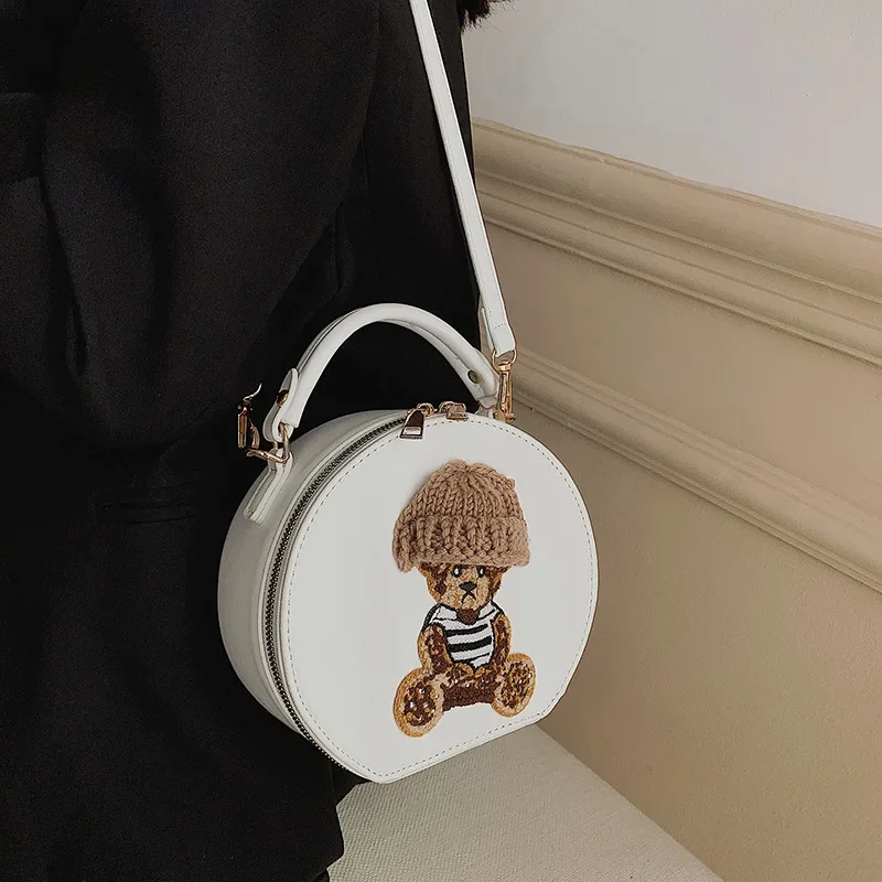 Cartoon Cute Bags for Women New Luxury Designer Handbag Bear Small Round Crossbody Bags Female Vintage Leather Shoulder Bag