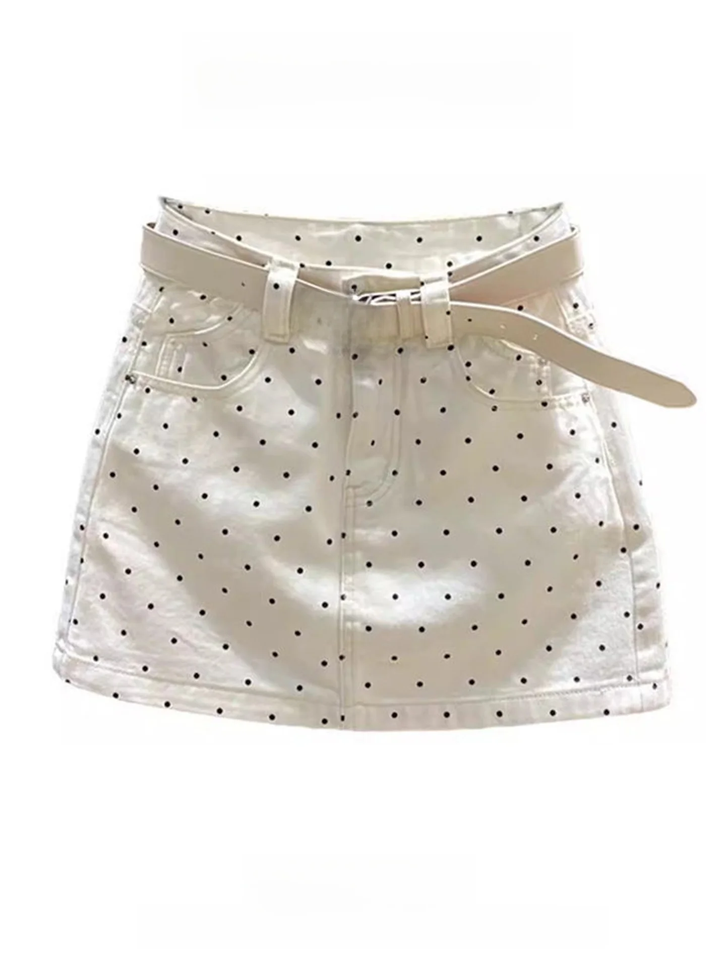 White Polka Dot High Waist A-Line Denim  Skirt Women's Summer Design Sensation Anti-Light Short Skirt Trendy Girl