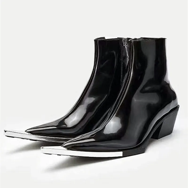 

High Quality Patent Leather Ankle Boots Women Sexy Metal Embellished Pointed Toe Designer Boots Side Zipper Design Chelsea Boots