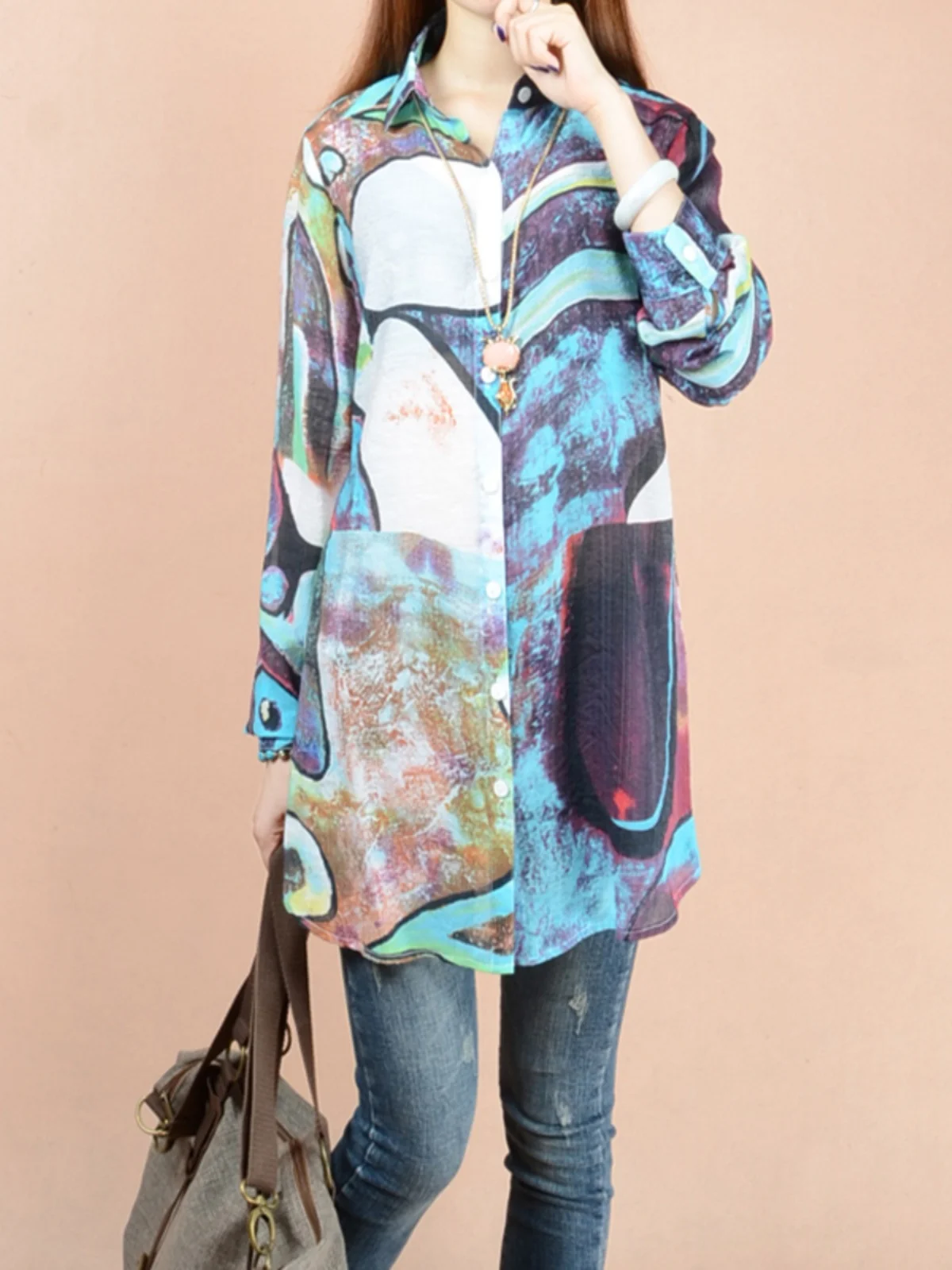 

Весенне-осенняя длинная шифоновая блузка Sve с тонким принтом, свободная блузка больших размеров с защитой от солнца, универсальная блузка на пуговицах с воротником