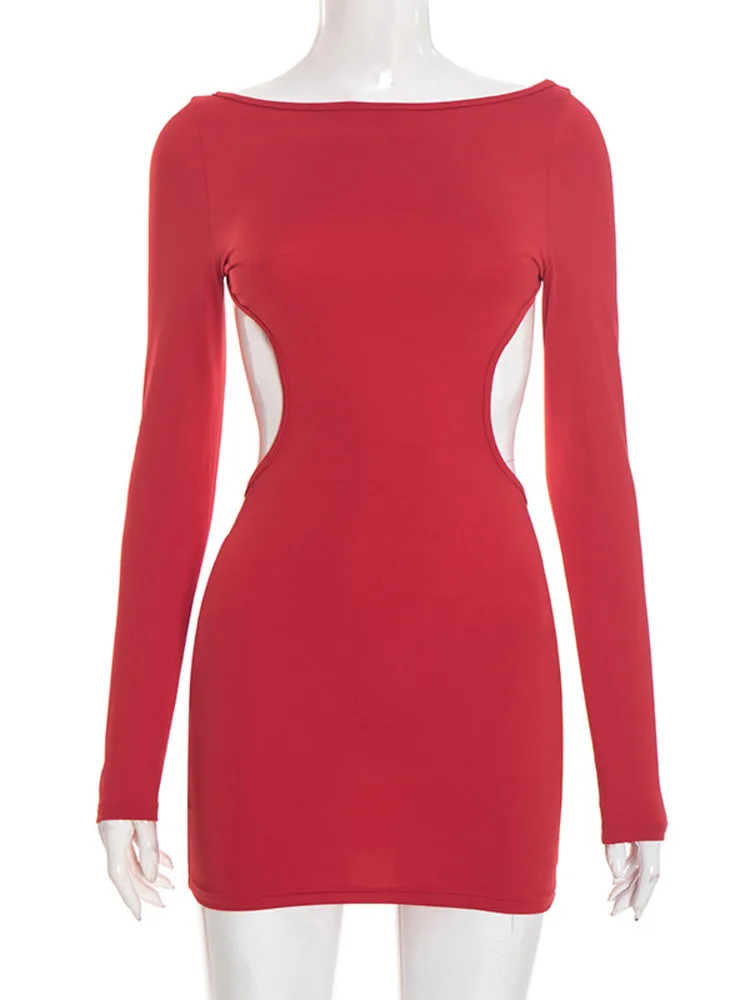 XIAOTANG Backless Boog Lange Mouw Sexy Mini Jurk Vrouwen Jurk Elegant Hollow Out O Hals Hoge Taille Skinny Club Party Jurken