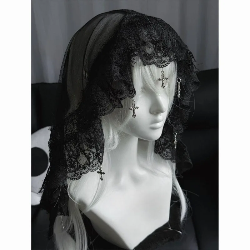 Fallen Angel lace cross pendant goth veil black and white contrasting colors dark wedding veil halloween cos photo props
