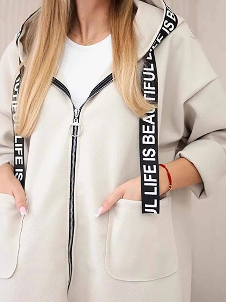 

Leisure Lettern Printed Hoodies Jacket Fashion Long Sleeve Women's Trench Coat Autumn Winter New Lady Zipper Commuting Overcoat