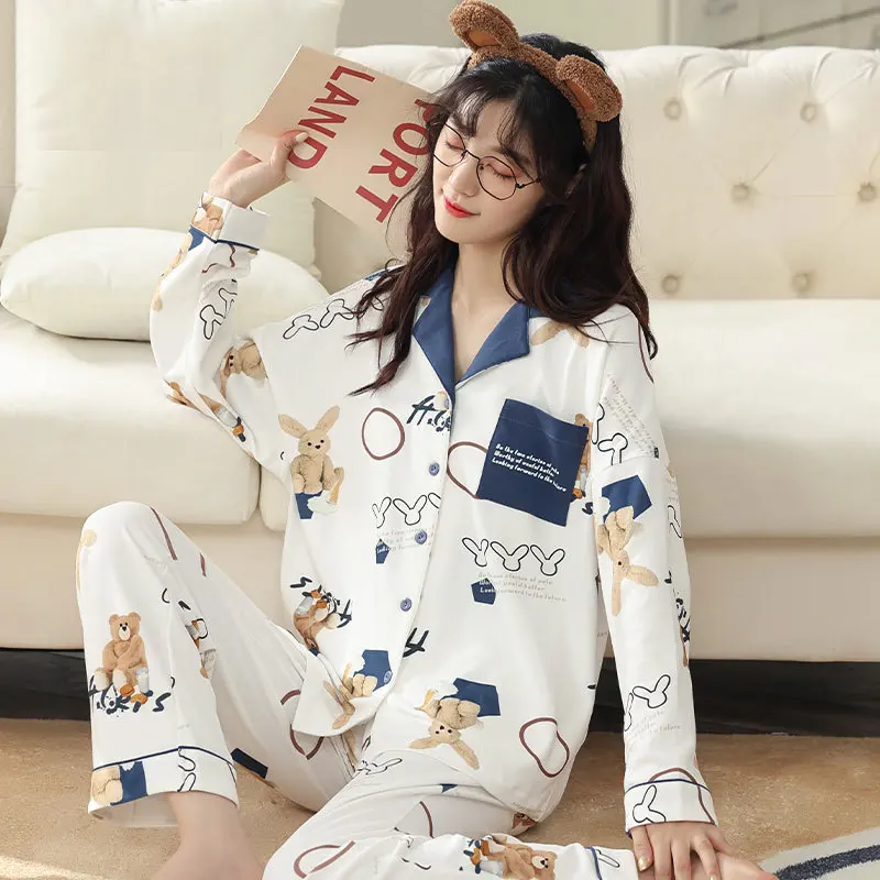 Spring And Autumn Two-Piece Ladies Pajamas New Women Long-Sleeved Cardigan Imitation Cotton Home Wear Leisure Ladies Pajama Set