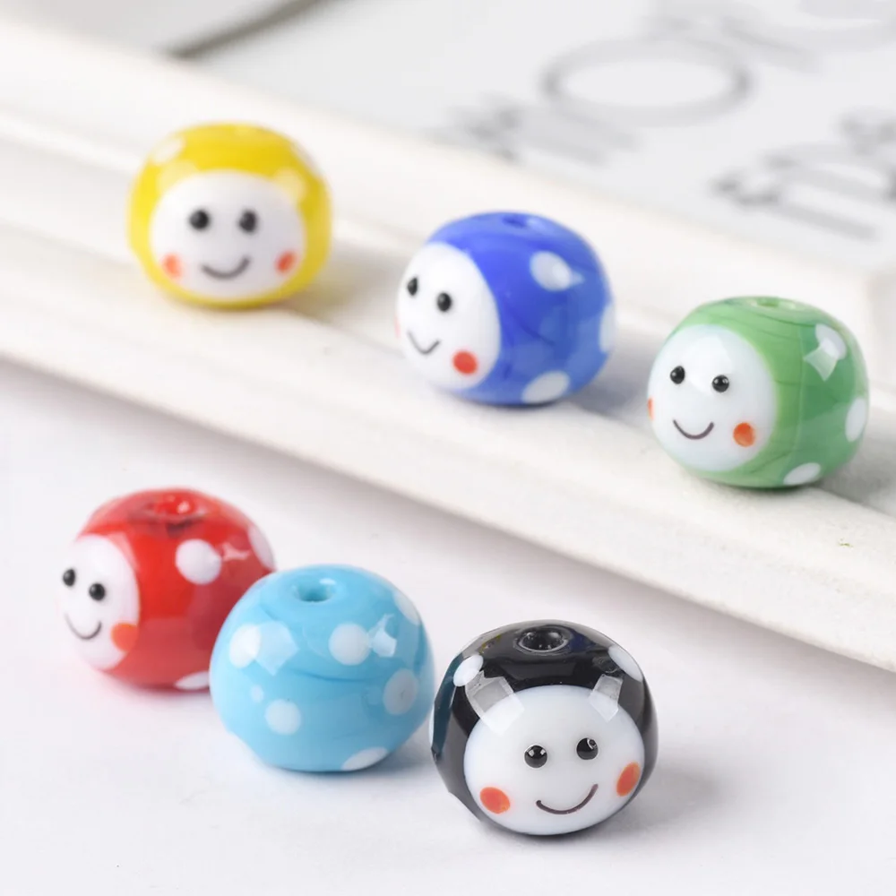 

5PCS Smile Face Round 14x11mm Handmade Lampwork Glass Loose Beads For Jewelry Making DIY Crafts Findings