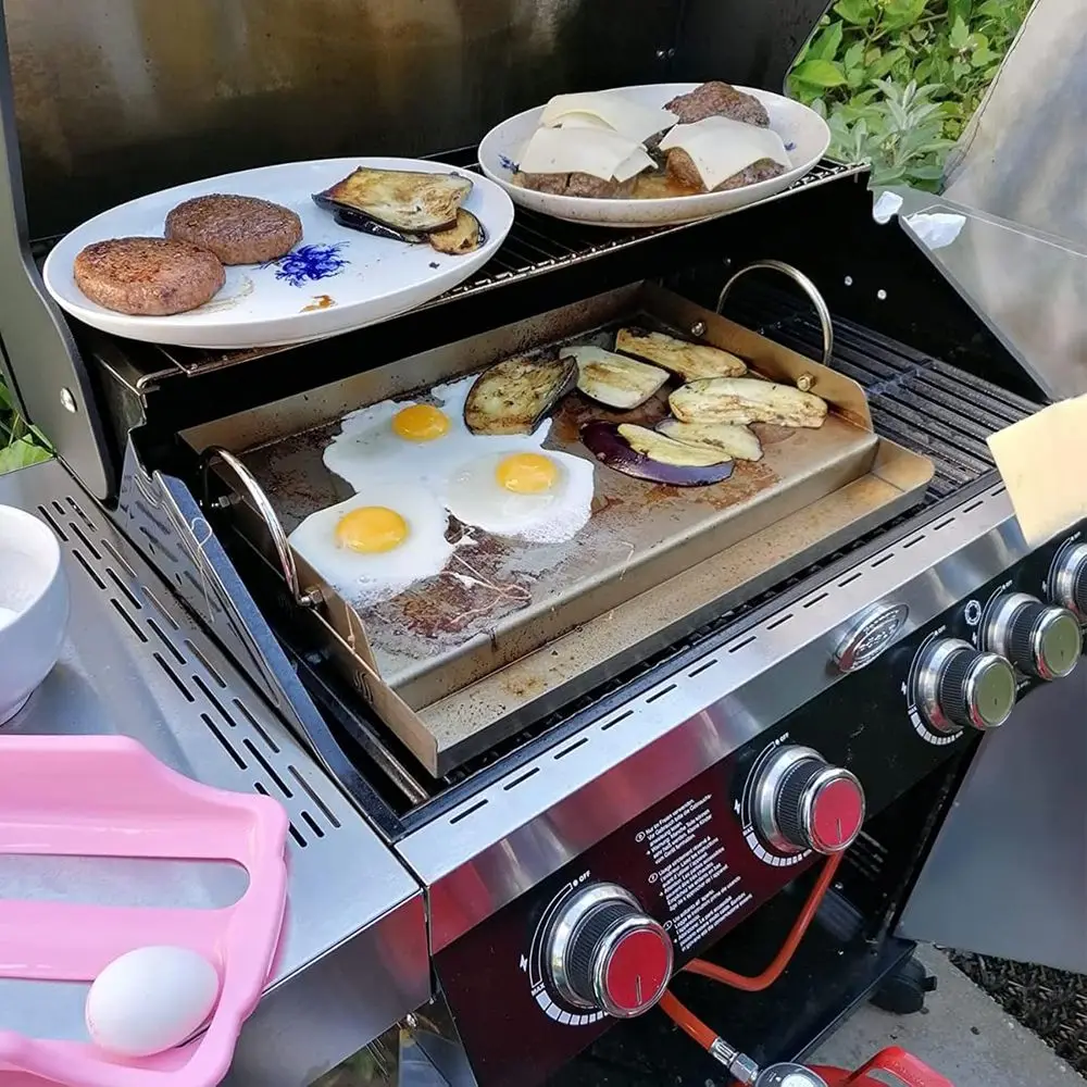Universal 23x16 Stainless Steel Griddle with Grease Channel for Gas/Charcoal Grills, Tailgating, Camping