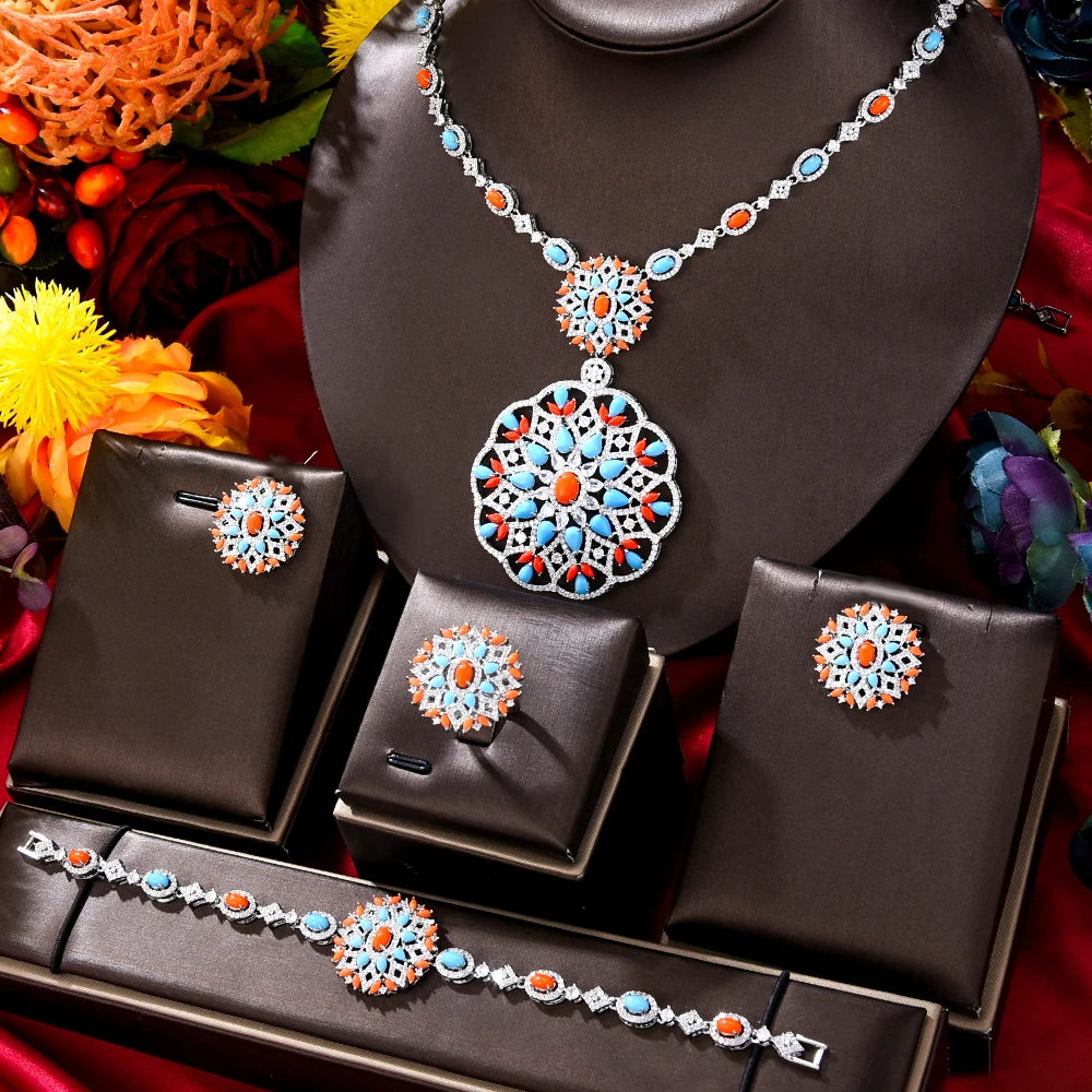 GODKI New Fashion Turquoise UAE Dubai Bridal Jewelry Set For Women Wedding Party Nigerian African Necklace Earring Set