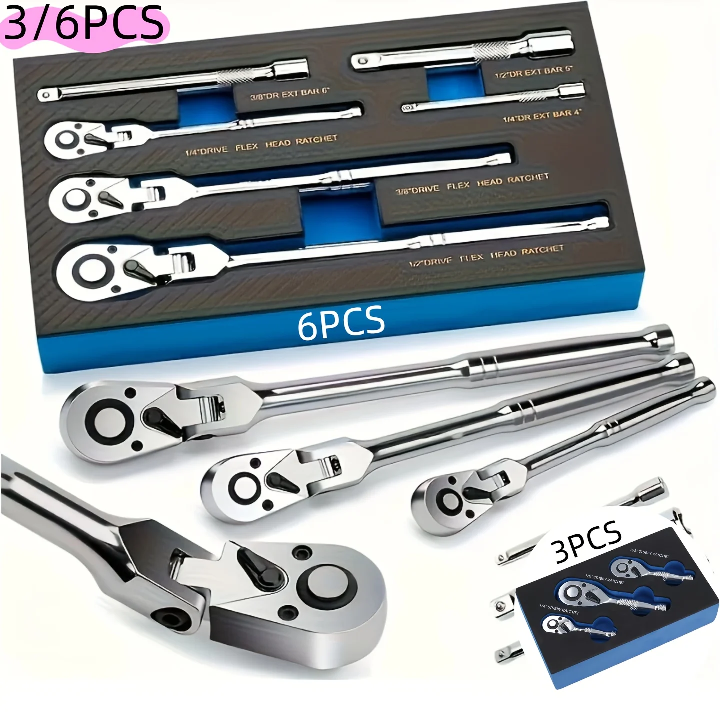 

6-piece pull rod wrench set, 1/4 ", 3/8", 1/2 "drive
