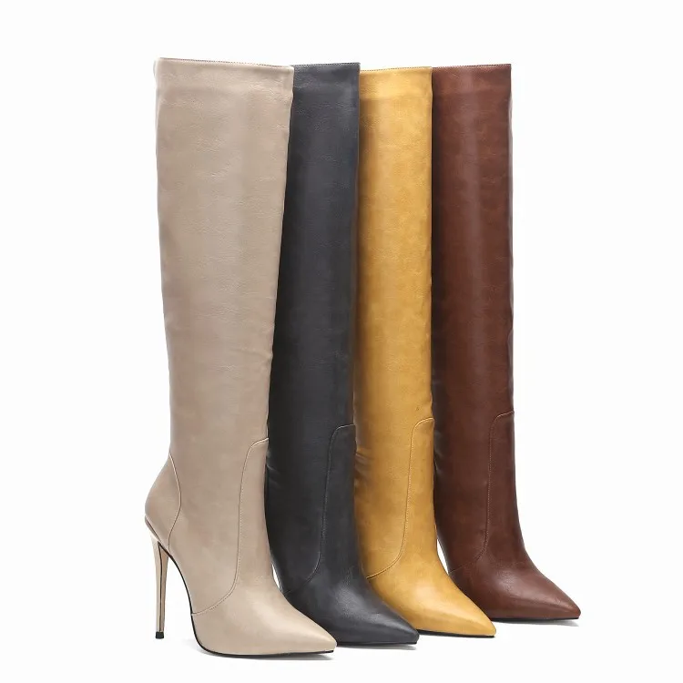 

New Pointed Slim High Heels Knee Length Women's Boots with Side Zippers for Autumn and Winter, Size 34-47 Medium Length Boots