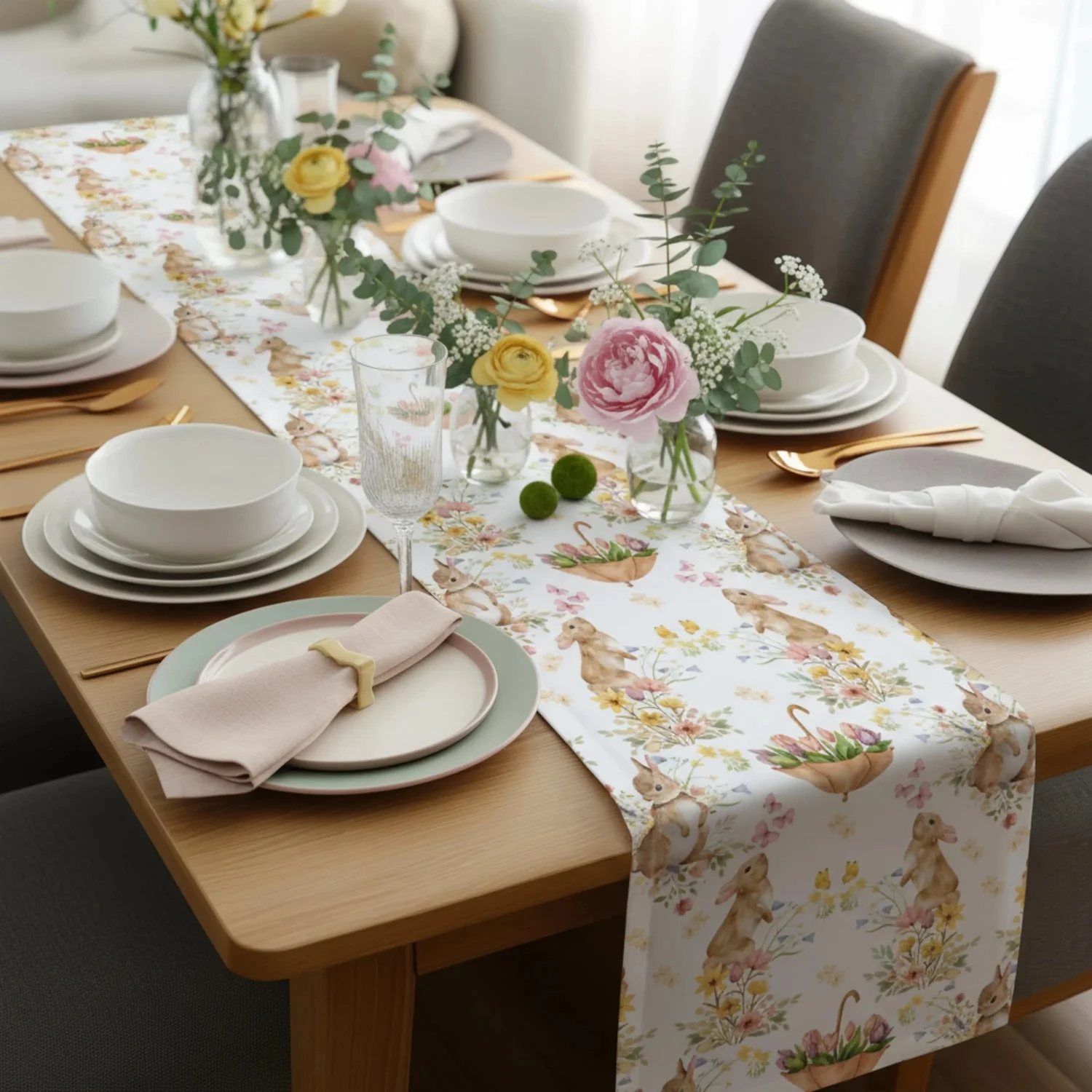 Easter Table Runner Bunny Floral, Spring Cottage Table Decor, Dining Room Centerpiece