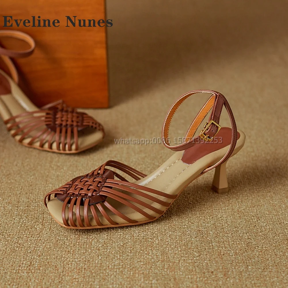 Woven Peep Toe Bicolor Sandals Retro Elegant Comfortable Shoes Stiletto Hollow Out One Word Buckle Slingback Side Air Rome Pumps