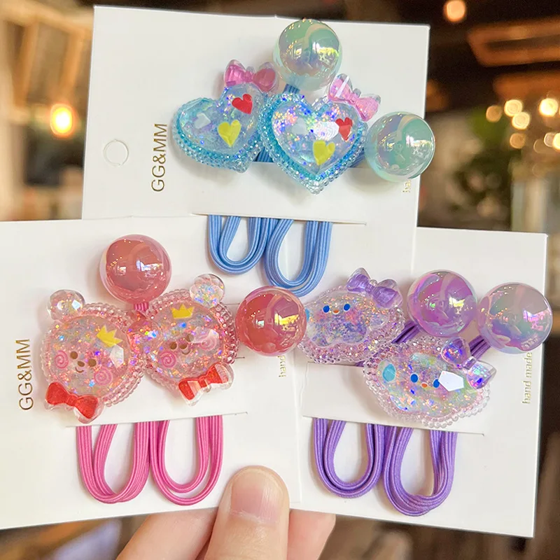 2pcs/set Cartoon Fish Heart Hair Tie For Baby Girls Elastic Ball Hair Rubber Bands Kids Red bubble Hair Rope Child cute hairband