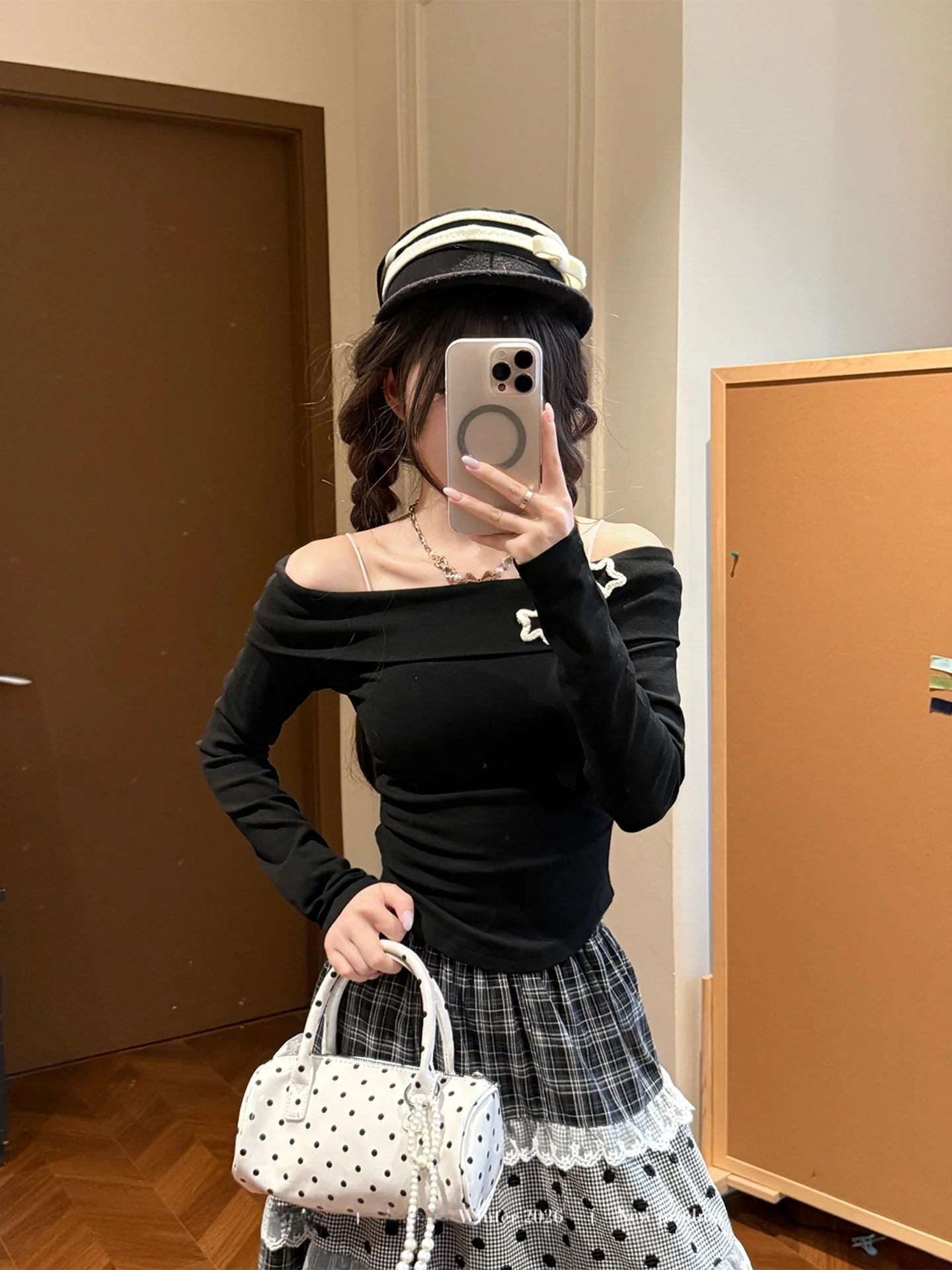 Korean Style Plaid Polka Dot Half Skirt with Lace Trim Cake Skirt High Waist A-Line Standard Fit for City Commuting Daily Tra...