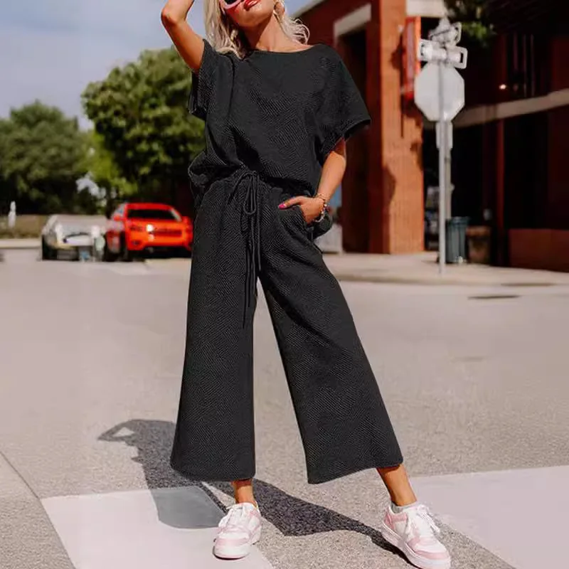 Summer Women's Suit Fashion Solid Color Two Piece Set Casual Loose V Neck Top And Loose Wide Legs Trousers Set 2025 Sportswear