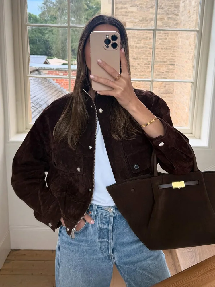 

HH Autumn Woman Elegant Long Sleeves Loose Casual Jacket Women's Zipper Pocket Button Decoration High Street Short Coat