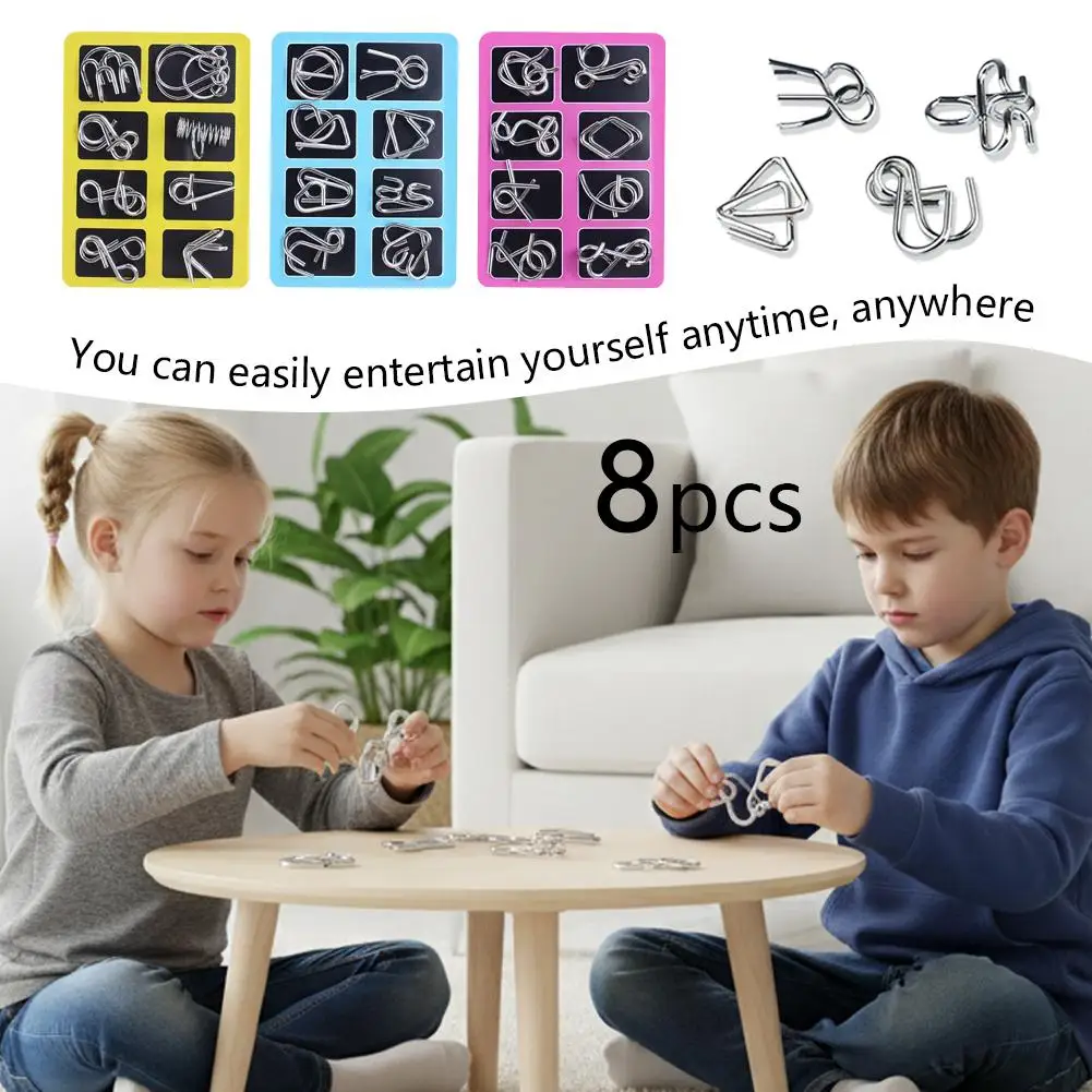 8Pcs/Set Metal Montessori Puzzle Wire IQ Mind Brain Teaser Puzzles Adults Interactive Game Reliever Educational Toys Gift