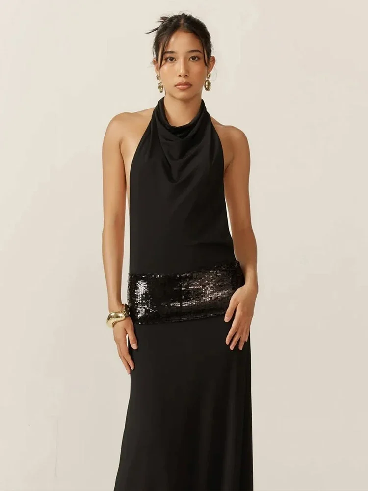 Waist Sequins Dress Sexy Women Backless 2025 Trend Summer Halter Sleeveless Pile Collar Skinny Elegant Vestidos