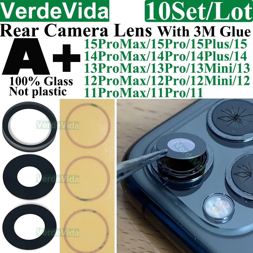 10set Rear Back Camera Glass Lens for iPhone 15 14 Plus 1113 Pro Max 12 Mini XS XR 8 7 Rear Cover Lens 3M Sticker Adhesive image 2