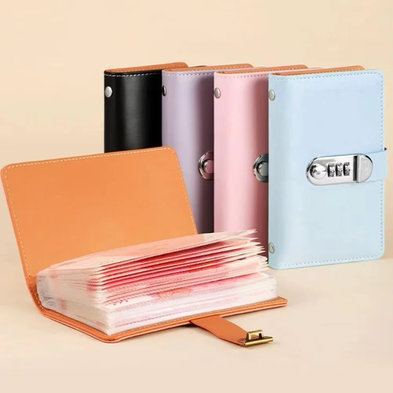 A6 PU Leather Cash Saving Book with Password Lock 50 Pages Budget Binder Money Saving Challenge Banknote Collection Organizer