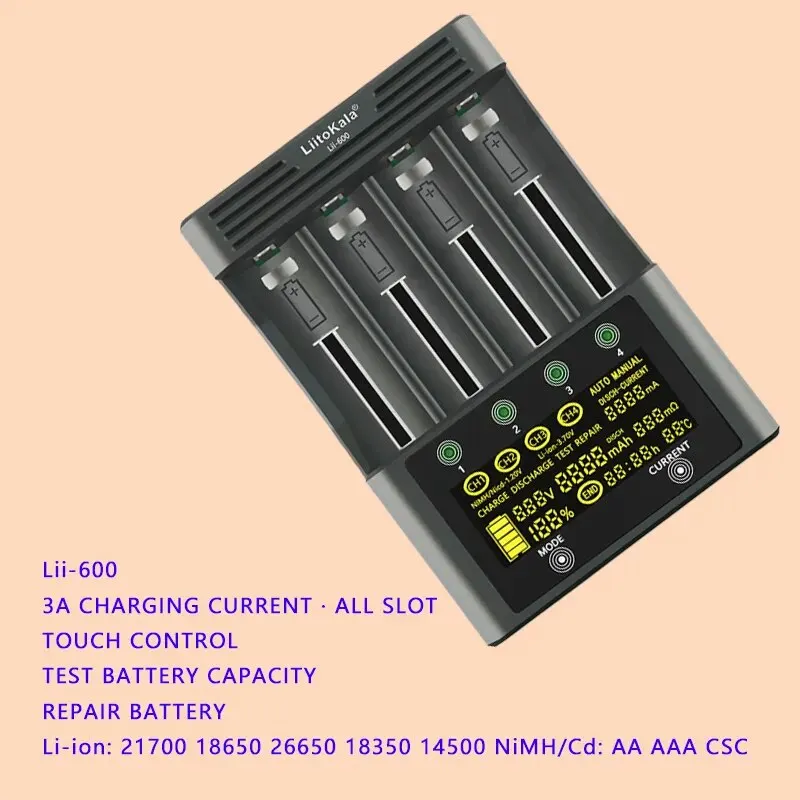 Liitokala lii-600 baterie nabíječka pro li-ion 3.7V a nimh 1.2V baterie vhod pro 18650 26650 21700 26700 AA AAA 12V5A