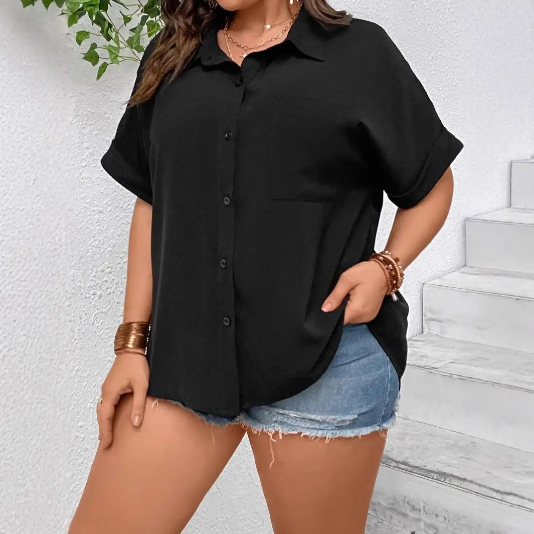 

plus Size Women's irt ort Sved ket Design Spring Faion Casual Pure Color Polyester Fiber 50cm-65cm Sve Length