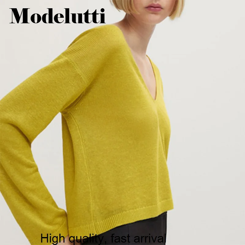 

New Spring 2023 Summer Fashion Long Sleeve V-neck Linen Knitted Sweater Women Solid Simple Casual Pullover Tops Female