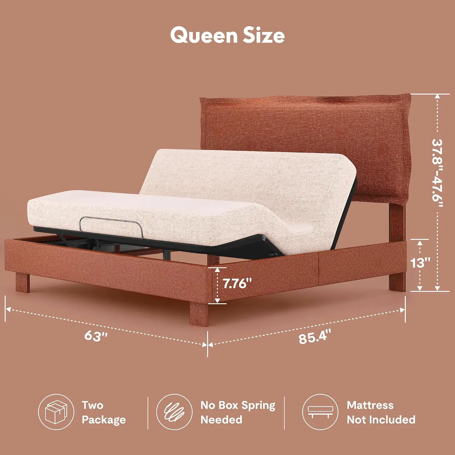 All-In-One Adjustable Bed Frame with Upholstered Flange Edge Headboard, Queen – Minimalist Design – Synchronized Head